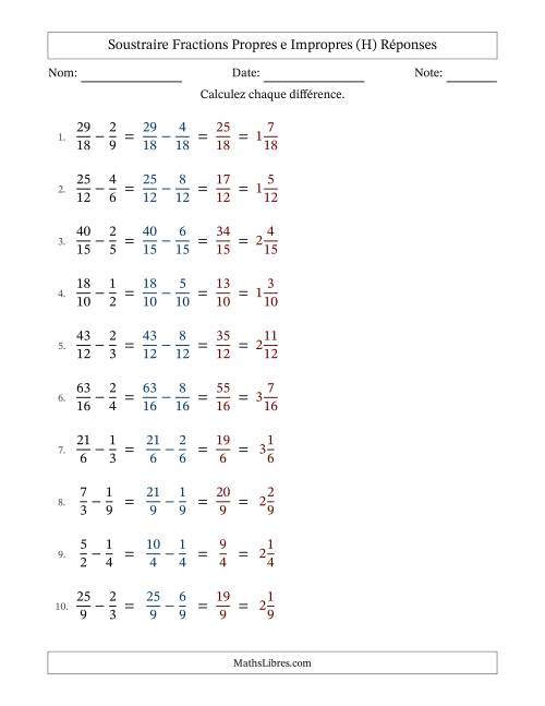 Soustraire fractions propres e impropres avec des dénominateurs similaires, résultats en fractions mixtes, et sans simplification (Remplissable) (H) page 2