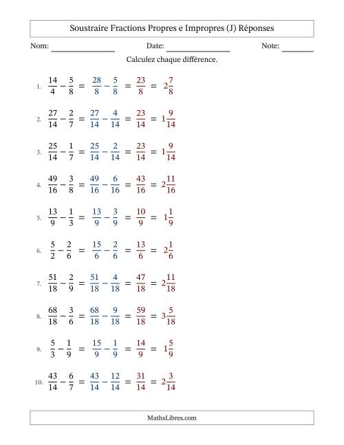 Soustraire fractions propres e impropres avec des dénominateurs similaires, résultats en fractions mixtes, et sans simplification (Remplissable) (J) page 2