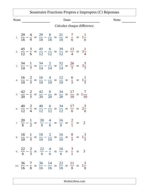Soustraire fractions propres e impropres avec des dénominateurs similaires, résultats en fractions mixtes, et avec simplification dans tous les problèmes (Remplissable) (C) page 2