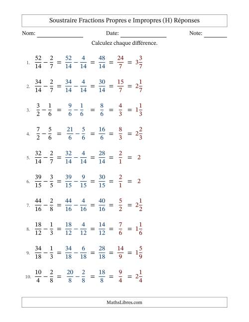 Soustraire fractions propres e impropres avec des dénominateurs similaires, résultats en fractions mixtes, et avec simplification dans tous les problèmes (Remplissable) (H) page 2