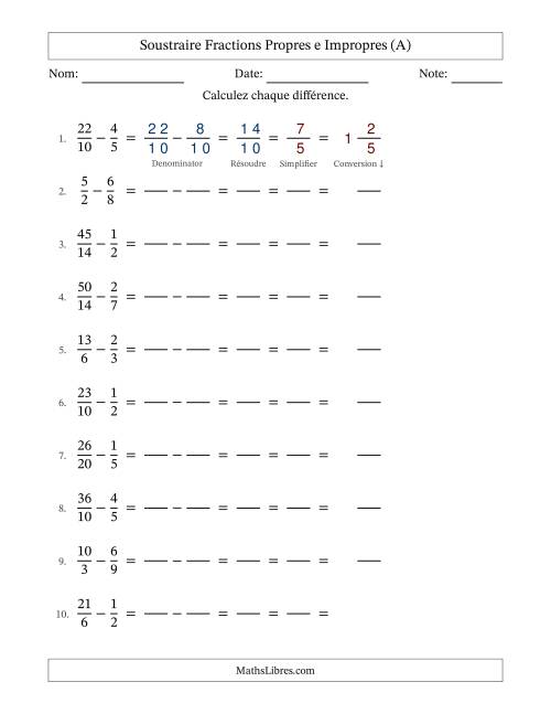 Soustraire fractions propres e impropres avec des dénominateurs similaires, résultats en fractions mixtes, et avec simplification dans tous les problèmes (Remplissable) (Tout)