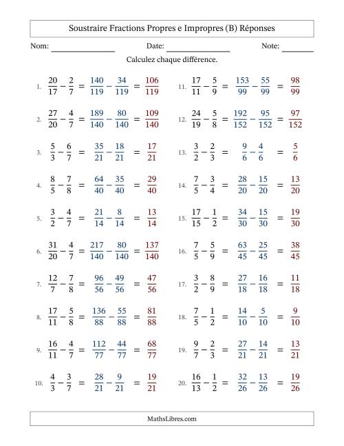 Soustraire fractions propres e impropres avec des dénominateurs différents, résultats en fractions propres, et sans simplification (Remplissable) (B) page 2