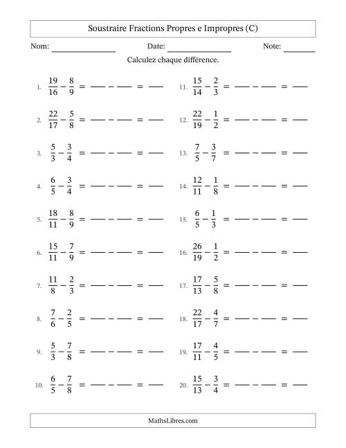 Soustraire fractions propres e impropres avec des dénominateurs différents, résultats en fractions propres, et sans simplification (Remplissable) (C)