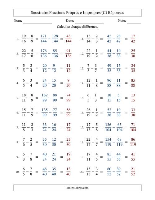 Soustraire fractions propres e impropres avec des dénominateurs différents, résultats en fractions propres, et sans simplification (Remplissable) (C) page 2