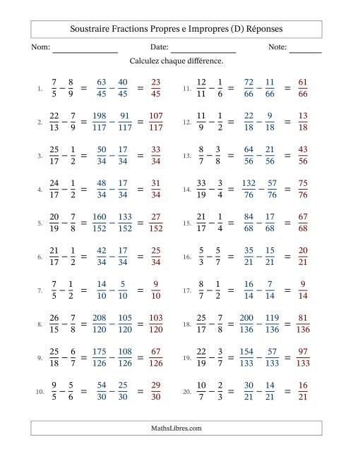 Soustraire fractions propres e impropres avec des dénominateurs différents, résultats en fractions propres, et sans simplification (Remplissable) (D) page 2