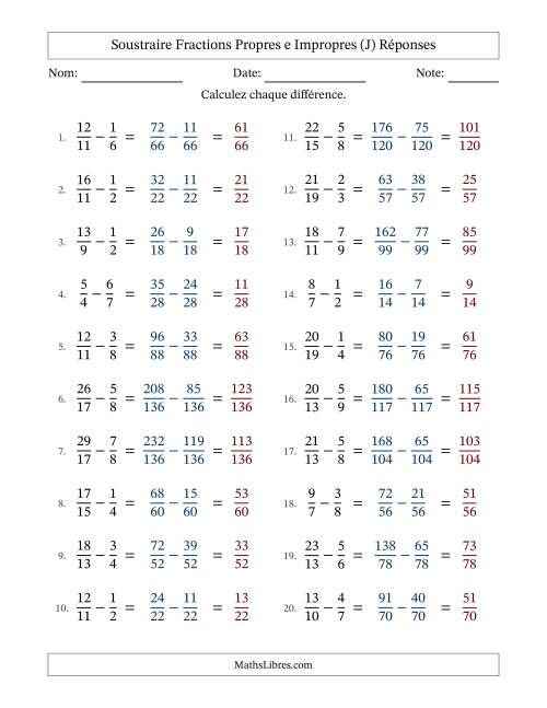 Soustraire fractions propres e impropres avec des dénominateurs différents, résultats en fractions propres, et sans simplification (Remplissable) (J) page 2