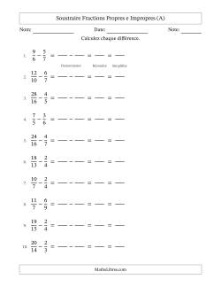 Soustraire fractions propres e impropres avec des dénominateurs différents, résultats en fractions propres, et avec simplification dans tous les problèmes (Remplissable)