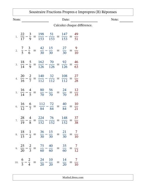 Soustraire fractions propres e impropres avec des dénominateurs différents, résultats en fractions propres, et avec simplification dans tous les problèmes (Remplissable) (B) page 2