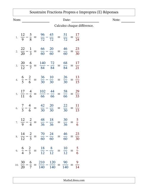 Soustraire fractions propres e impropres avec des dénominateurs différents, résultats en fractions propres, et avec simplification dans tous les problèmes (Remplissable) (E) page 2