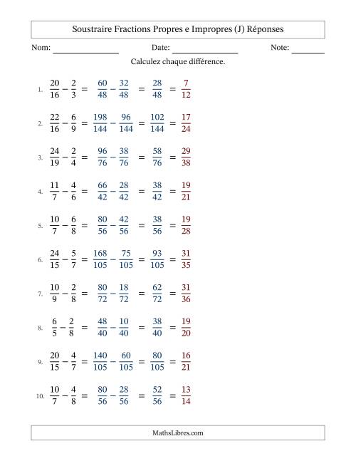 Soustraire fractions propres e impropres avec des dénominateurs différents, résultats en fractions propres, et avec simplification dans tous les problèmes (Remplissable) (J) page 2
