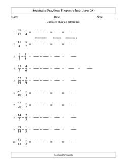 Soustraire fractions propres e impropres avec des dénominateurs différents, résultats en fractions mixtes, et sans simplification (Remplissable)