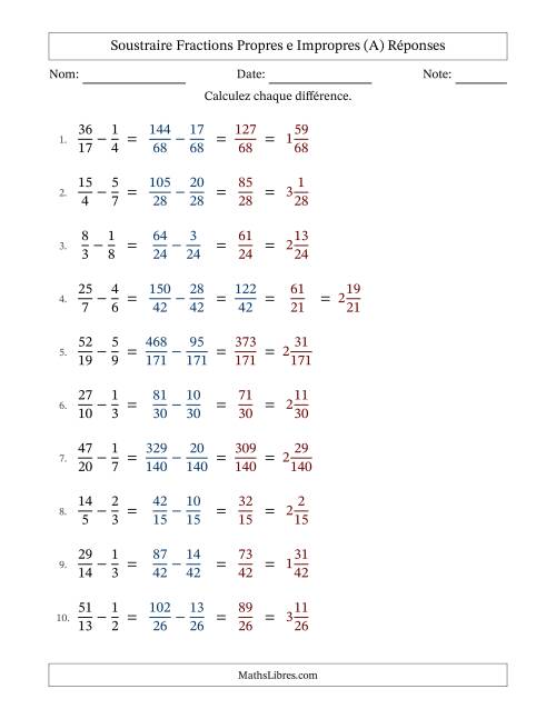Soustraire fractions propres e impropres avec des dénominateurs différents, résultats en fractions mixtes, et sans simplification (Remplissable) (A) page 2