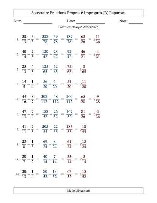 Soustraire fractions propres e impropres avec des dénominateurs différents, résultats en fractions mixtes, et sans simplification (Remplissable) (B) page 2