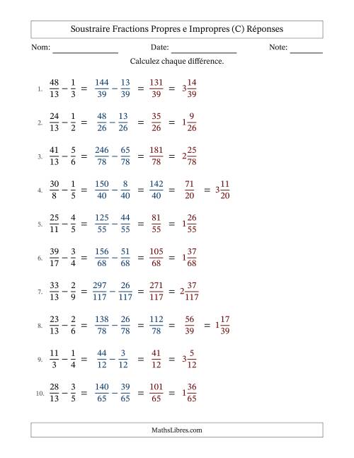 Soustraire fractions propres e impropres avec des dénominateurs différents, résultats en fractions mixtes, et sans simplification (Remplissable) (C) page 2