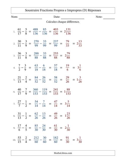 Soustraire fractions propres e impropres avec des dénominateurs différents, résultats en fractions mixtes, et sans simplification (Remplissable) (D) page 2