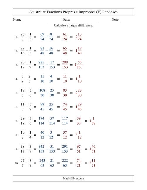 Soustraire fractions propres e impropres avec des dénominateurs différents, résultats en fractions mixtes, et sans simplification (Remplissable) (E) page 2