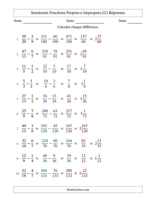 Soustraire fractions propres e impropres avec des dénominateurs différents, résultats en fractions mixtes, et sans simplification (Remplissable) (G) page 2
