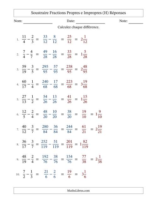 Soustraire fractions propres e impropres avec des dénominateurs différents, résultats en fractions mixtes, et sans simplification (Remplissable) (H) page 2