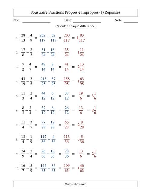 Soustraire fractions propres e impropres avec des dénominateurs différents, résultats en fractions mixtes, et sans simplification (Remplissable) (J) page 2