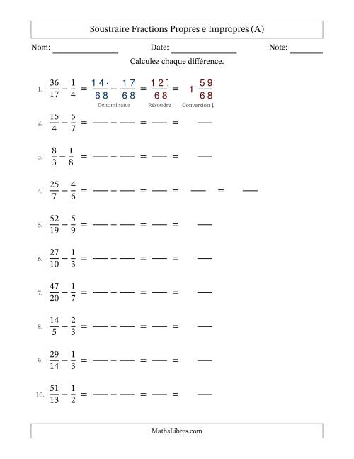 Soustraire fractions propres e impropres avec des dénominateurs différents, résultats en fractions mixtes, et sans simplification (Remplissable) (Tout)