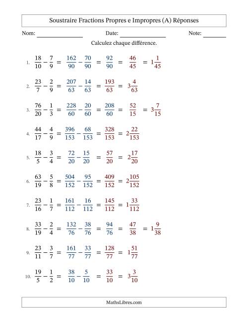 Soustraire fractions propres e impropres avec des dénominateurs différents, résultats en fractions mixtes, et avec simplification dans tous les problèmes (Remplissable) (A) page 2