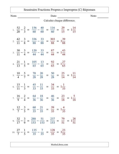 Soustraire fractions propres e impropres avec des dénominateurs différents, résultats en fractions mixtes, et avec simplification dans tous les problèmes (Remplissable) (C) page 2