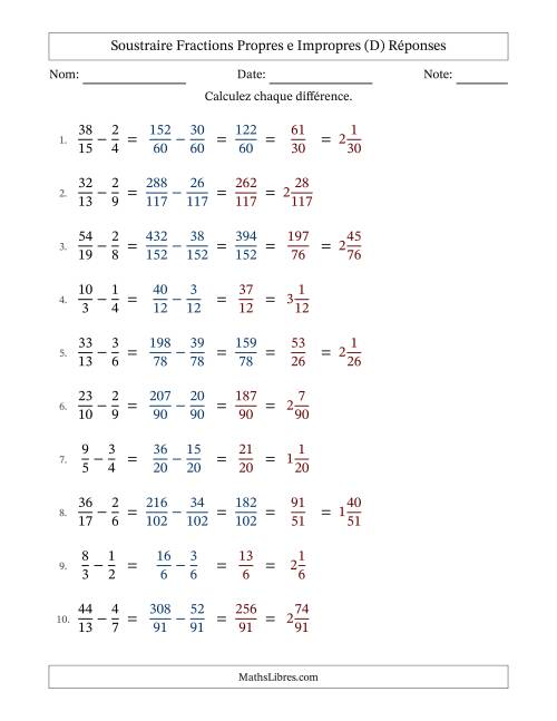 Soustraire fractions propres e impropres avec des dénominateurs différents, résultats en fractions mixtes, et avec simplification dans tous les problèmes (Remplissable) (D) page 2