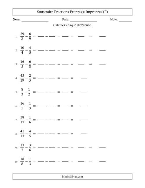 Soustraire fractions propres e impropres avec des dénominateurs différents, résultats en fractions mixtes, et avec simplification dans tous les problèmes (Remplissable) (F)