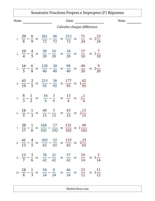 Soustraire fractions propres e impropres avec des dénominateurs différents, résultats en fractions mixtes, et avec simplification dans tous les problèmes (Remplissable) (F) page 2