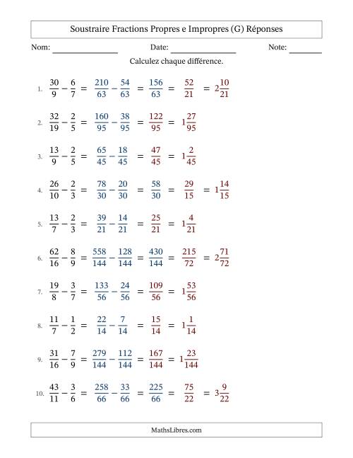 Soustraire fractions propres e impropres avec des dénominateurs différents, résultats en fractions mixtes, et avec simplification dans tous les problèmes (Remplissable) (G) page 2