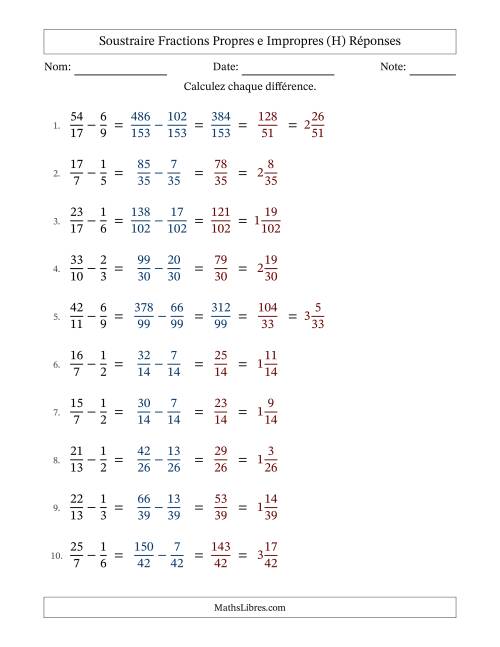 Soustraire fractions propres e impropres avec des dénominateurs différents, résultats en fractions mixtes, et avec simplification dans tous les problèmes (Remplissable) (H) page 2