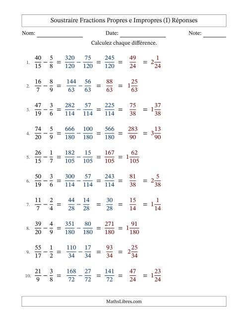 Soustraire fractions propres e impropres avec des dénominateurs différents, résultats en fractions mixtes, et avec simplification dans tous les problèmes (Remplissable) (I) page 2