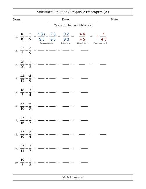 Soustraire fractions propres e impropres avec des dénominateurs différents, résultats en fractions mixtes, et avec simplification dans tous les problèmes (Remplissable) (Tout)