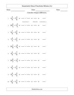 Soustraire deux fractions mixtes avec des dénominateurs égaux, résultats en fractions mixtes, et sans simplification (Remplissable)