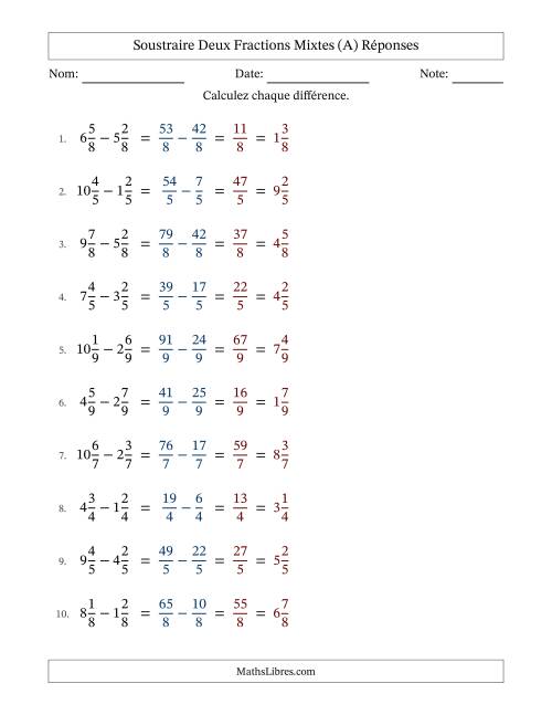 Soustraire deux fractions mixtes avec des dénominateurs égaux, résultats en fractions mixtes, et sans simplification (Remplissable) (A) page 2