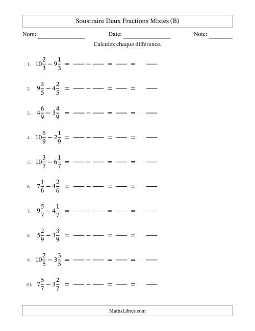 Soustraire deux fractions mixtes avec des dénominateurs égaux, résultats en fractions mixtes, et sans simplification (Remplissable) (B)