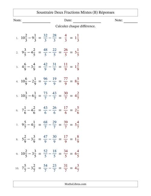 Soustraire deux fractions mixtes avec des dénominateurs égaux, résultats en fractions mixtes, et sans simplification (Remplissable) (B) page 2