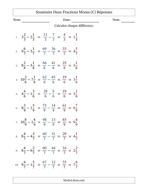 Soustraire deux fractions mixtes avec des dénominateurs égaux, résultats en fractions mixtes, et sans simplification (Remplissable) (C) page 2