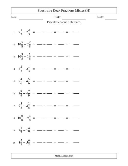 Soustraire deux fractions mixtes avec des dénominateurs égaux, résultats en fractions mixtes, et sans simplification (Remplissable) (H)