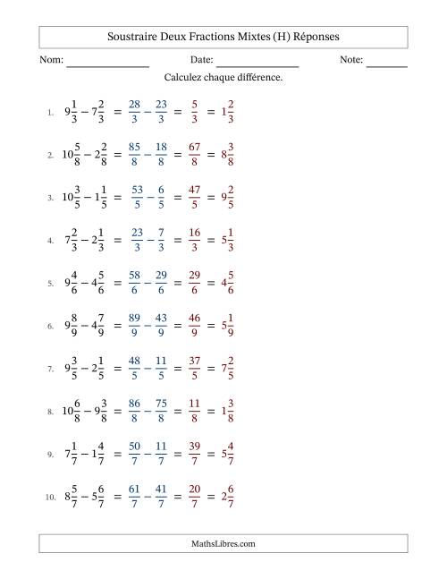 Soustraire deux fractions mixtes avec des dénominateurs égaux, résultats en fractions mixtes, et sans simplification (Remplissable) (H) page 2