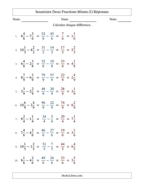 Soustraire deux fractions mixtes avec des dénominateurs égaux, résultats en fractions mixtes, et sans simplification (Remplissable) (I) page 2