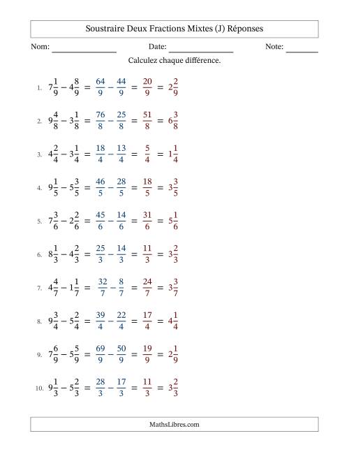 Soustraire deux fractions mixtes avec des dénominateurs égaux, résultats en fractions mixtes, et sans simplification (Remplissable) (J) page 2