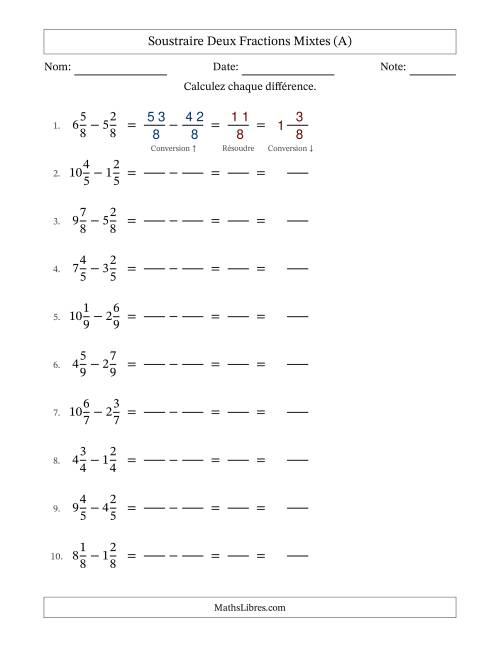 Soustraire deux fractions mixtes avec des dénominateurs égaux, résultats en fractions mixtes, et sans simplification (Remplissable) (Tout)