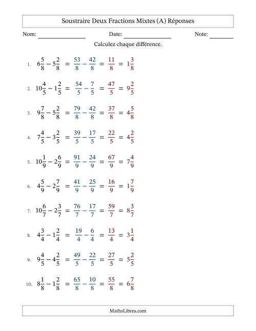 Soustraire deux fractions mixtes avec des dénominateurs égaux, résultats en fractions mixtes, et sans simplification (Remplissable) (Tout) page 2