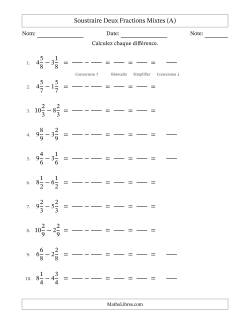 Soustraire deux fractions mixtes avec des dénominateurs égaux, résultats en fractions mixtes, et avec simplification dans tous les problèmes (Remplissable)