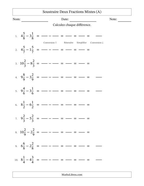 Soustraire deux fractions mixtes avec des dénominateurs égaux, résultats en fractions mixtes, et avec simplification dans tous les problèmes (Remplissable) (A)