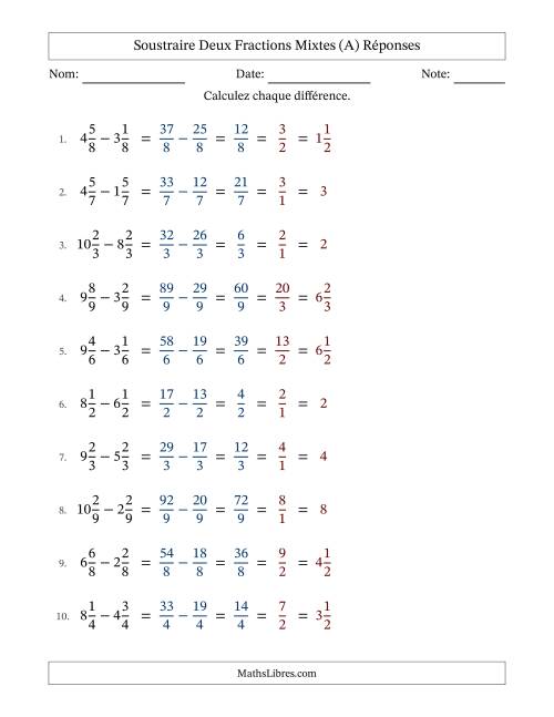Soustraire deux fractions mixtes avec des dénominateurs égaux, résultats en fractions mixtes, et avec simplification dans tous les problèmes (Remplissable) (A) page 2