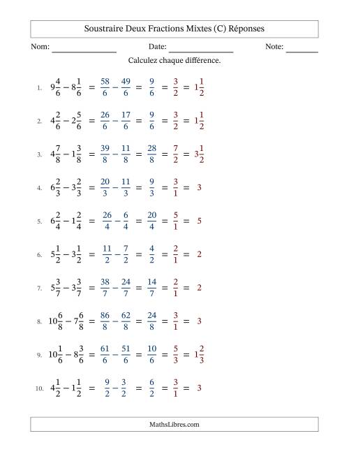 Soustraire deux fractions mixtes avec des dénominateurs égaux, résultats en fractions mixtes, et avec simplification dans tous les problèmes (Remplissable) (C) page 2
