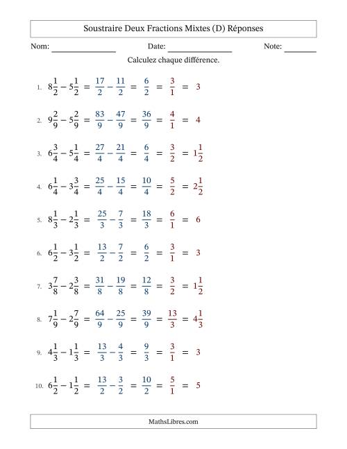 Soustraire deux fractions mixtes avec des dénominateurs égaux, résultats en fractions mixtes, et avec simplification dans tous les problèmes (Remplissable) (D) page 2