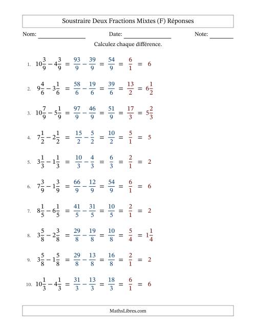 Soustraire deux fractions mixtes avec des dénominateurs égaux, résultats en fractions mixtes, et avec simplification dans tous les problèmes (Remplissable) (F) page 2
